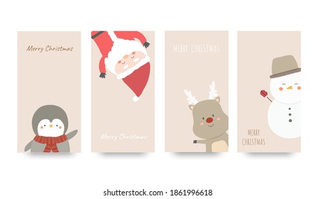 El conjunto de tarjetas verticales consta de Santa, Pingüino, Reno y Hombre de Nieve.