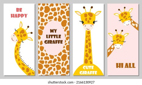 Set von vertikalen Karten mit süßer Cartoon Giraffe. Lesezeichen für Kinder mit lustigen Tieren.