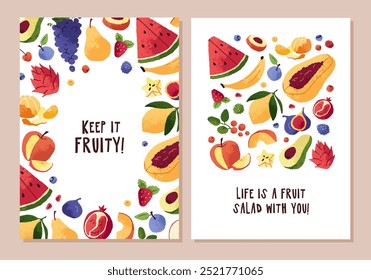 Set of vertical cards with frame of different tropical fruit and berries. Collection of summer posters with phrase and border of watermelon, grape, banana, papaya, lemon. Flat vector illustrations