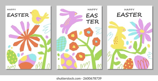 Set of vertical cards Happy Easter.
Flowers, rabbits, chicks and abstract elements on a white background. Minimalistic naive style. Cut out colored elements. Vector illustrations.