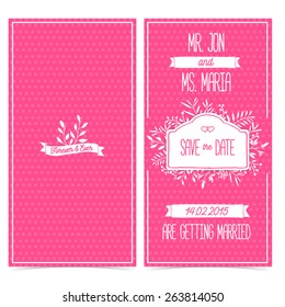 Set of vertical cards, invitation or greeting cards for the wedding. Save the date. Pink color with floral elements and ribbons. Vector. Place for your text.