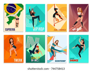 Set of vertical cards with modern dances including hip hop, go-go, aerial ribbons isolated vector illustration  