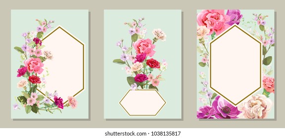 Set of vertical cards for Mother's Day with carnation, poppy, spring blossom: red, pink, white flowers, leaves, vintage background, botanical illustration, watercolor style, polygonal frame, vector