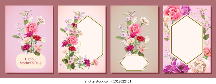 Set of vertical cards for Mother's Day with carnation, poppy, spring blossom: red, pink, white flowers, leaves, vintage background, botanical illustration, watercolor style, polygonal frame, vector