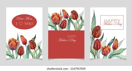 Set of vertical cards for Mother's day with red Tulip. Greeting flowers illustration template design. Watercolor vector flowers. Wedding invitation with spring tulip. 