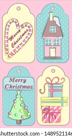 
Set of vertical cards for the New Year and Christmas. Cute vector Christmas tree, sweets, gingerbread house, gifts.