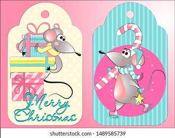 Set of vertical cards for the New Year and Christmas. Cute mouse is a symbol of the new year. The mouse gives gifts and carries candy. vector illustration