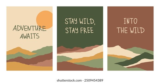 Set vertical cards with quotes and landscapes. Hiking, travel adventure postcards. Hand drawing lettering typography. Dunes, mountains, sky, moon in earth colors. Printable camping posters