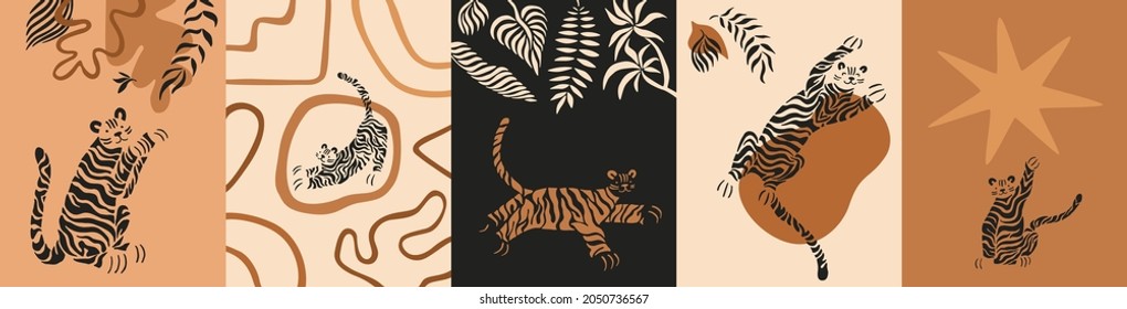 Set of vertical cards with tigers. Warm earty colors, simple shapes and compositions. Modern abstract cute tigers. Happy Chinese New year art, poster, banner. Simple geometric oriental sign. Japanese.