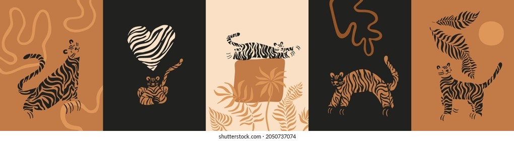Juego de cartas verticales con tigres. Colores cálidos, formas simples y composiciones. Tigres lindos abstractos modernos. Feliz Año Nuevo Chino arte, afiche, cartel. Simple señal geométrica oriental. Año 2022