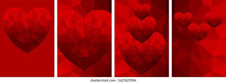 Set of vertical cards for valentines day. Red heart made of shattered glass. Valentines portraying passion. Vector illustration for design, cards, banners, flyers.
