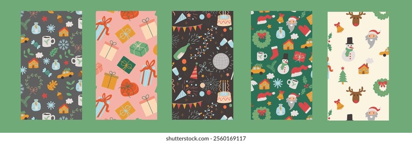 Set of vertical celebrating Christmas and New Year pattern backgrounds in vector. Templates for backdrop background poster postcards social media cover