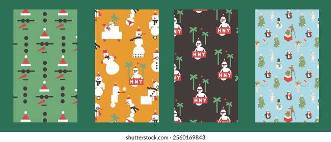 Set of vertical celebrating Christmas and New Year pattern backgrounds in vector. Templates for backdrop background poster postcards social media cover