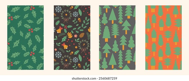 Set of vertical celebrating Christmas and New Year pattern backgrounds in vector. Templates for backdrop background poster postcards social media cover