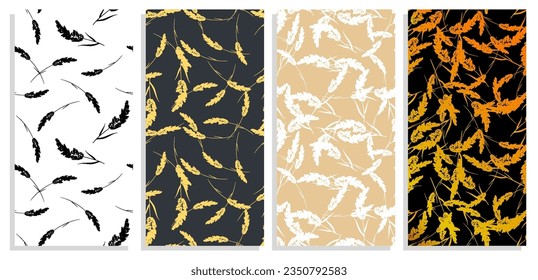 Set of vertical cereal grass silhouettes flyers with panicle fluffy crown of cereal grass seamless patterns. Templates for invitation, banners, brochures print. Vector on black and white