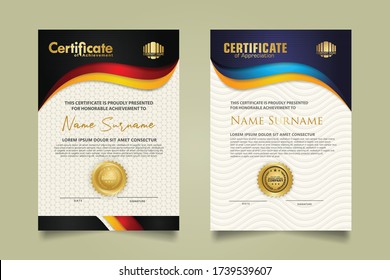set vertical certificate template with flow lines ornament and modern texture pattern background. Diploma. Vector illustration