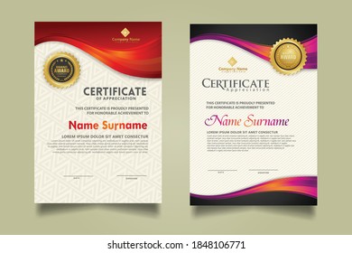 set vertical certificate template with flow lines ornament and modern texture pattern background. Diploma. Vector illustration