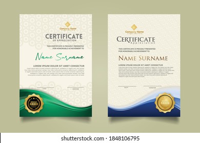set vertical certificate template with flow lines ornament and modern texture pattern background. Diploma. Vector illustration