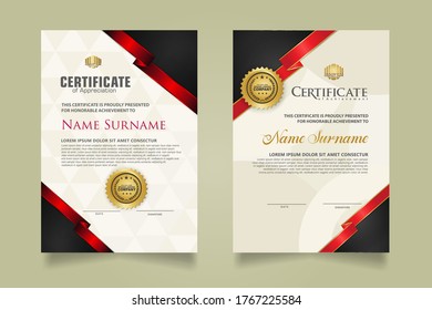 Set vertical certificate template with ribbon stripes ornament and modern texture pattern background. Diploma. Vector illustration for other users
