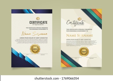 Set vertical certificate template with ribbon stripes ornament and modern texture pattern background. Diploma. Vector illustration for other users