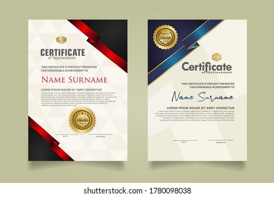 Set vertical certificate template with ribbon stripes ornament and modern texture pattern background. Diploma. Vector illustration for other users