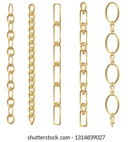 Set of vertical chain for fabric design. Collection of various chain on white background.