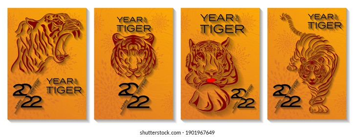 Set of vertical Chinese New Year vector backgrounds, banners, cards, posters. Oriental zodiac symbol of 2022. Chinese New Year 2022 Year of Tiger. 