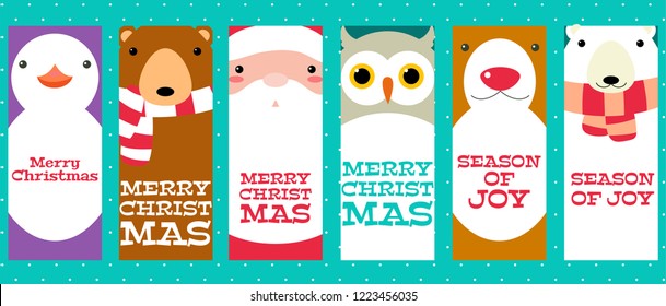 Set of vertical Christmas banner, background, flyer, placard. Xmas poster and sticker. Vector template card for greeting, decoration, congratulation, invitation with cute animal and Santa Claus. EPS8