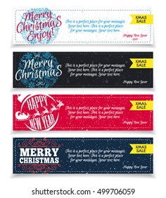 Set of vertical christmas banners with christmas label and icons line thin stroke style on blackboard isolated on winter snow background. Vector Illustration