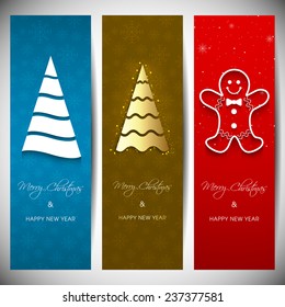 Set of vertical Christmas banners with stylish tree and gingerbread man.