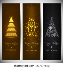 Set of vertical Christmas banners with stylish tree and gingerbread man.