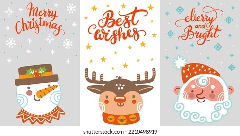 Set of vertical christmas cards with cute snowman, deer and santa claus vector illustration. Christmas lettering. For print, design, fabric, porcelain, linen, decor and party, stickers, sale template