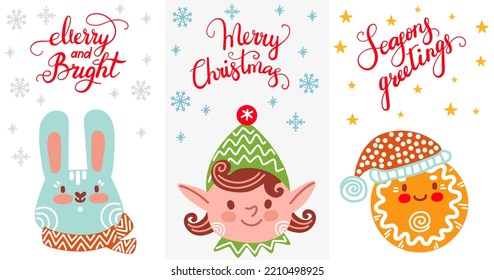 Set of vertical christmas cards with cute rabbit, santas elf and gingerbread man vector illustration. Christmas lettering. For print, design, fabric, porcelain, bed linen, decor and party, stickers