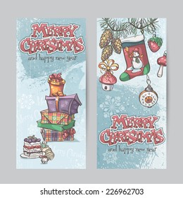 Set of vertical Christmas cards with flashlights, bells and gifts