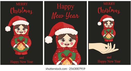 Set vertical Christmas greeting poster cover with Matryoshka. Typography new year brochure with russian doll. Folk Christmas greeting card cover design. Holiday theme. Vector for social media