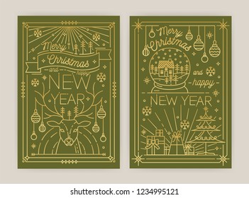 Set of vertical Christmas and New Year greeting card or postcard templates with holiday wishes and traditional decorations drawn with contour lines on green background. Modern vector illustration.