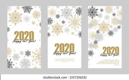Set of vertical Christmas and New Year greeting card with beautiful golden and black snowflakes on white background. Christmas design for banners, massages, postcards, announcements. Space for text