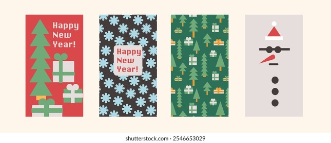 Conjunto de modelos verticais de Natal e Ano Novo em estilo de forma em vetor. Elementos para cartazes postais autocolantes design