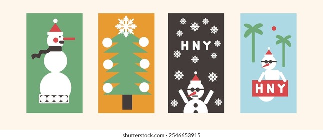 Set of vertical Christmas and New Year templates in shape style in vector. Elements for poster postcards stickers design