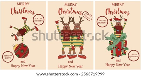 Set vertical Christmas postcard cover with weird Reindeer. Funky xmas brochure collection. Holiday vector illustration. EPS 10