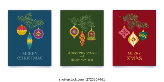Conjunto de postales de Navidades de Vertical en colores invernales con ramas de abeto, pino y abeto, adornos festivos y saludos navideños. Ilustración vectorial plana.