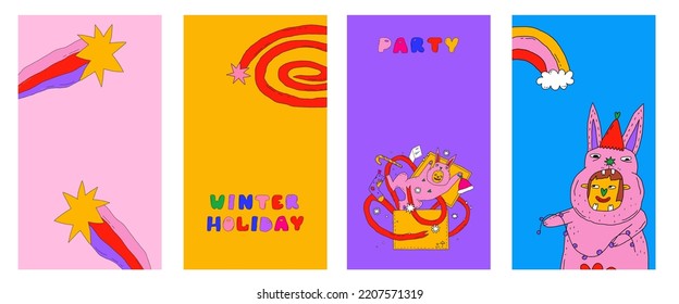 set of vertical christmas stories. Christmas templates for social networks. Stars, rainbow, rabbits. Celebration 2023. 1970 psychedelic and hippie nostalgia postcards and posters