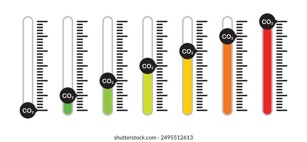 Un conjunto de escalas de color de Vertical para indicar o medir las emisiones de dióxido de carbono o CO2.