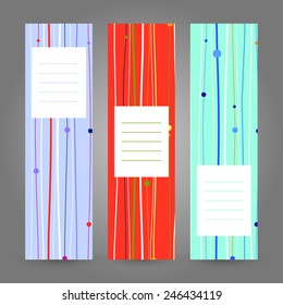 Set of Vertical Colorful Banners. Abstract Geometric ornaments. Vector Illustration for print, flyer or leaflet. Simple design for invitation, postcard or poster.