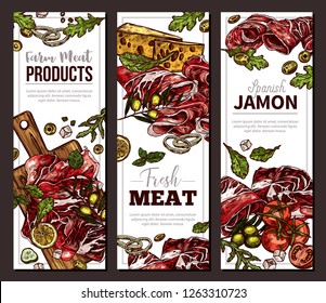 Set of vertical colorful banners with fresh meat products, pork, ham, slices of jamon, finger food with cheese, salad, olives and vegetables. Hand darwn sketch vector layout and templates for menu