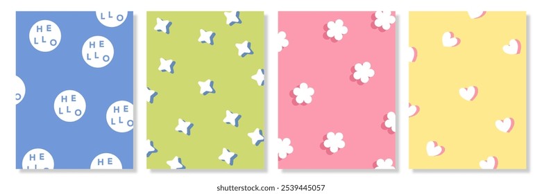 Set of vertical colorful geometric vector pattern minimal posters with simple geometric design. Trendy shape background for cover, craft, wrapping paper, gift wrap greeting card, poster and interior