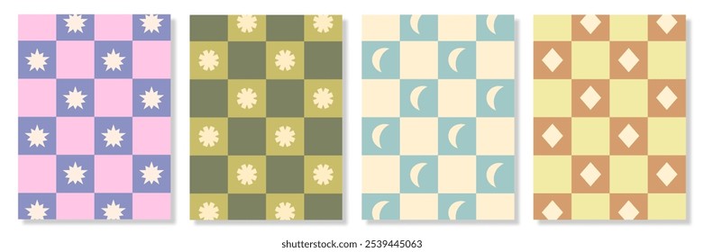 Set of vertical colorful geometric vector pattern minimal posters with simple geometric design. Trendy shape background for cover, craft, wrapping paper, gift wrap greeting card, poster and interior