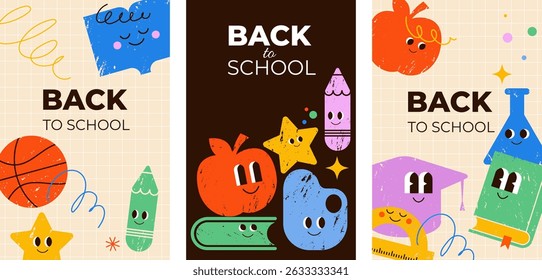 Set of vertical colorful posters with cheerful hand drawn cartoons of school supplies and back to school text. Modern vector concept illustration.