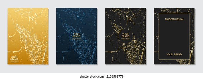 Set of vertical cover design templates. Geometric backgrounds, unique golden pattern, marble grunge texture with sparkles, cracks and scratches. Design for brochure, catalog, book, poster, flyer.