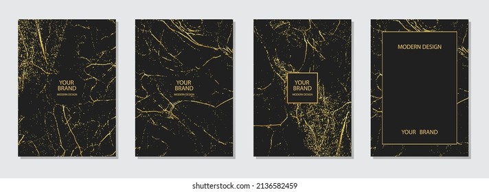 Set of vertical cover design templates. Geometric black backgrounds, gold pattern, marble grunge texture with sparkles, cracks and scratches. Design for brochure, catalog, book, poster, flyer.